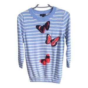 J. Crew Blue and White Stripes Merino Wool Butterfly Sweater 3/4 Sleeves Size XS